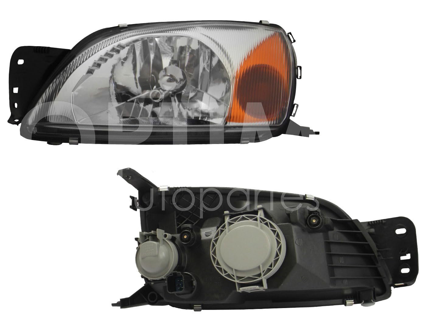 Faro Izquierdo Compatible con FIESTA IKON 2001 2002 2003 2004 2005 2006 2007 F/CROMADO C/CUARTO AMBAR C/BASE (FIESTA 00-02/COURIER 01-10)