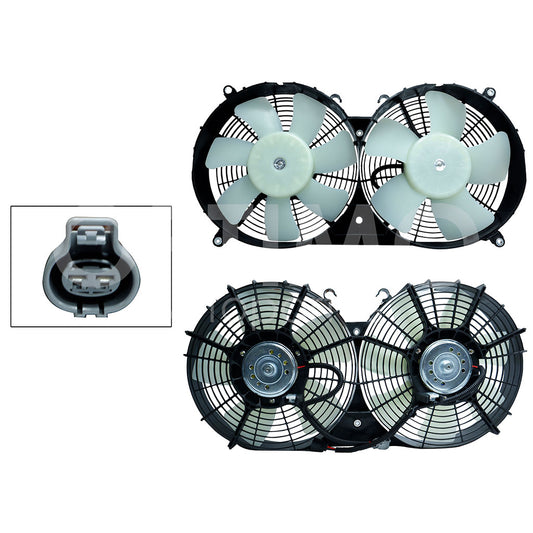 TOYOTA HIACE 2.7L 2005 2006 2007 2008 2009 2010 2011 2012 2013 2014 2015 2016 2017 2018 2019 MOTOVENTILADOR COMPLETO C/AIRE C/TOLVA 2PINES S/RESISTENCIA 2CONECTORES (2ASPAS)